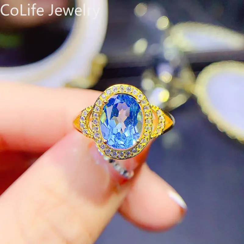 

VVS Grade Sky Blue Topaz Ring 7mm*9mm 2ct Natural Topaz 925 Silver Ring with 3 Layers 18K Gold Plating Gift for Mother