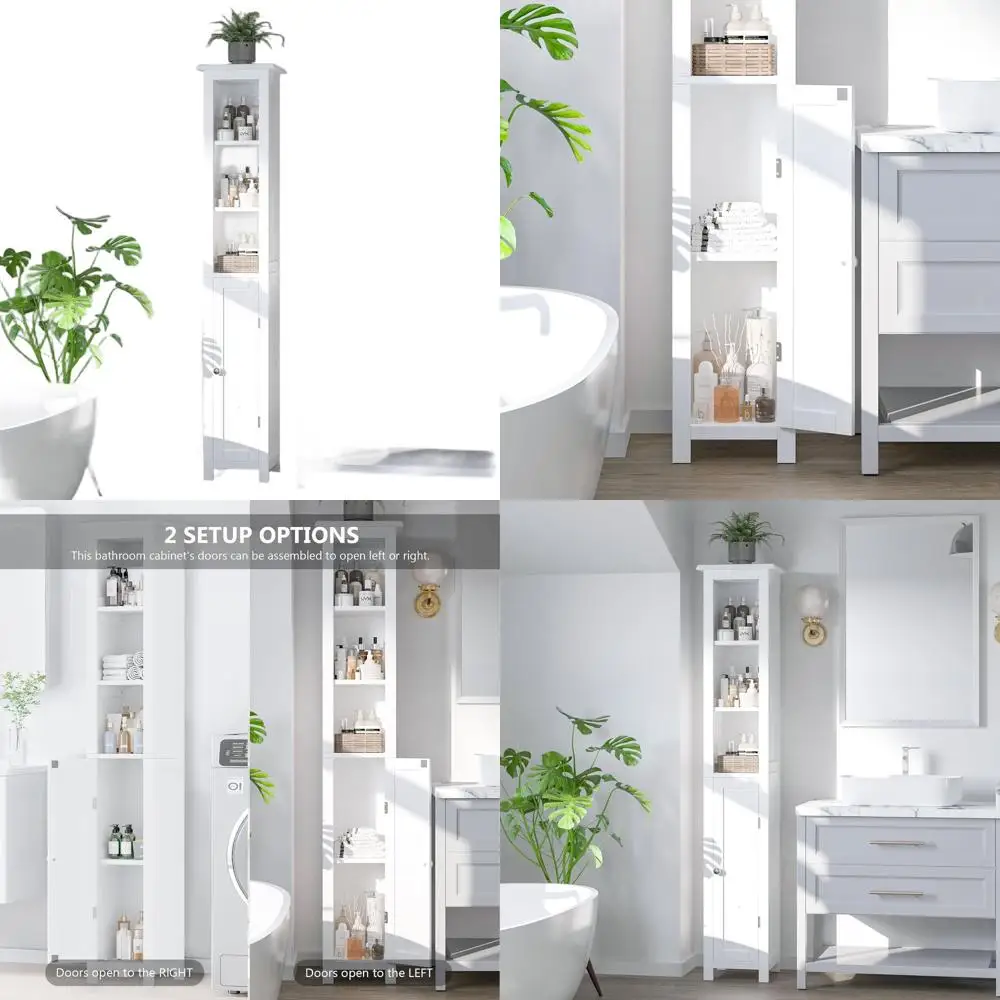 

Компактный высокий шкаф для хранения в ванной комнате с регулируемыми полками, белый, идеально подходит для небольших помещений и нескольких помещений.