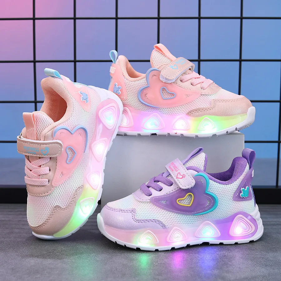 Kids'Casual Shoes Mesh Led Light Fashion Spring Shoes For Girls Anti-slip Breathable Flat Bottom Pink Purple Shoes Size 21-35