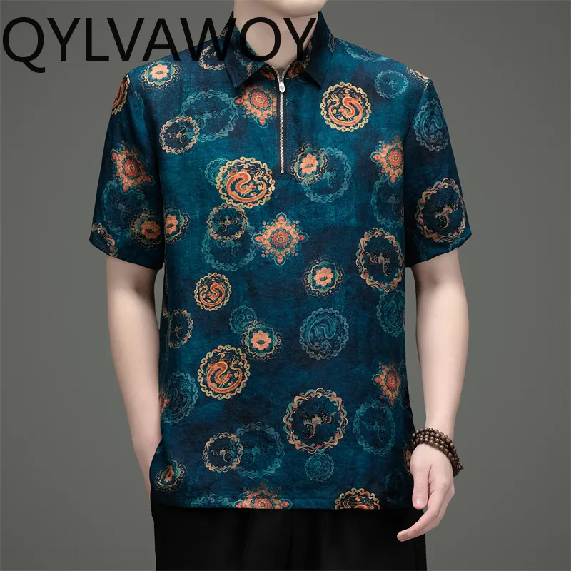 QYLVAWOY Summer Men's Polo Shirts 100% Mulberry Silk Short Sleeve Shirt Chinese Style T Shirt for Man Loose Men's Shirts Camisas