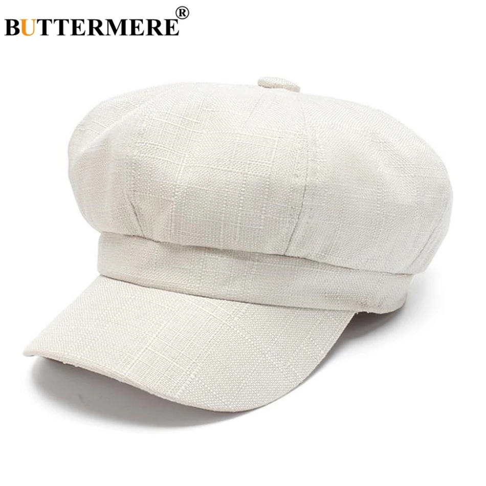 BUTTERMERE Linen Newsboy Cap Women White French Painter Hat Ladies Spring Summer Beret Female New Octagonal Cap Baker Boy Hat