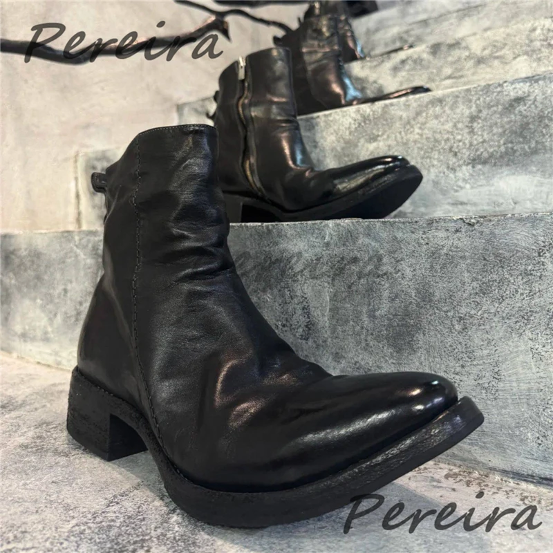 

Men's Retro Thick Soled Chelsea Boots Black Leather Med Heel Side Zipper Short Boots Spring Autumn Outdoor Male Casual Shoes