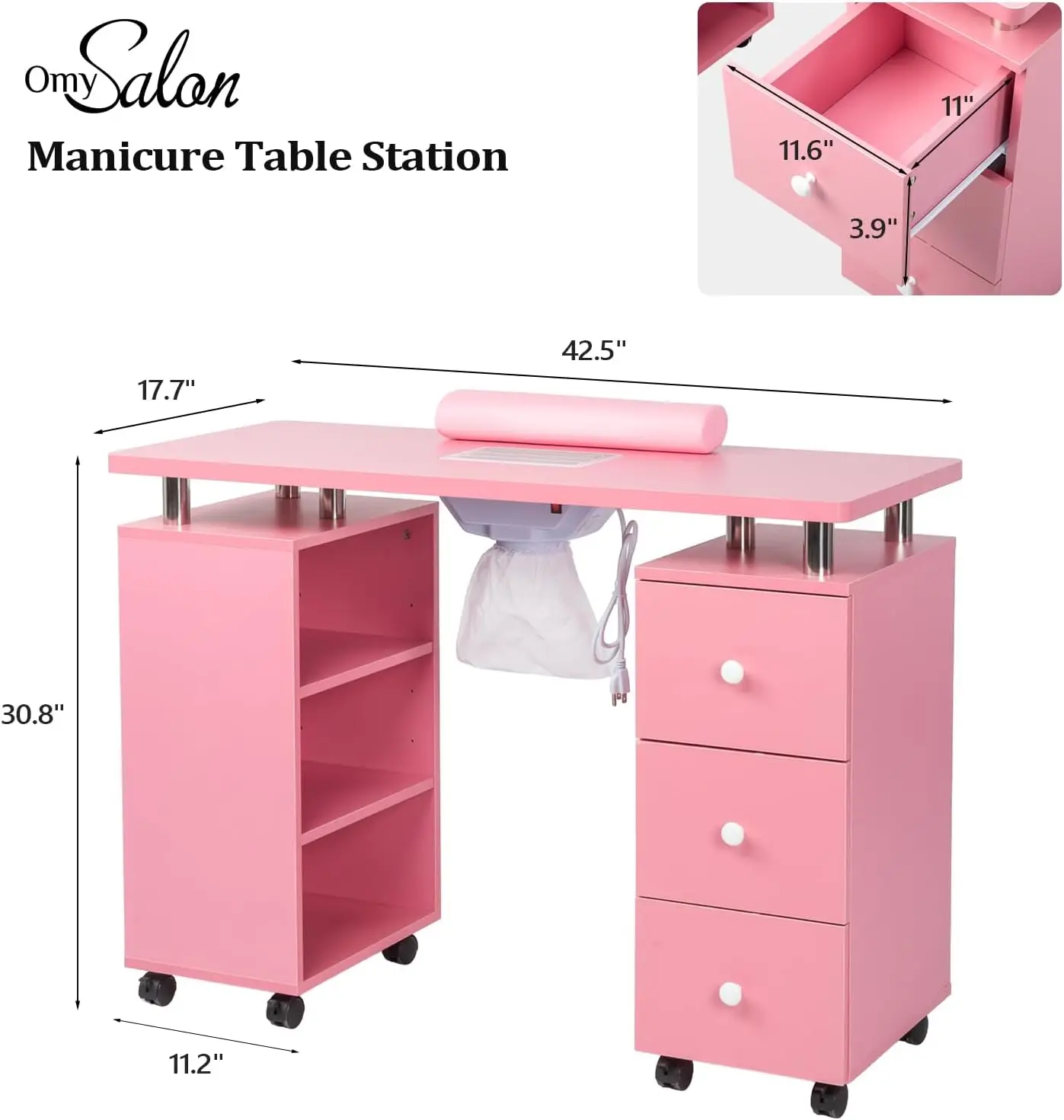 Manicure Table Nail Desk for Nail Tech, Nail Table Beauty Salon Tech Station w/Electric Downdraft Vent, Lockable Wheels(Pink)