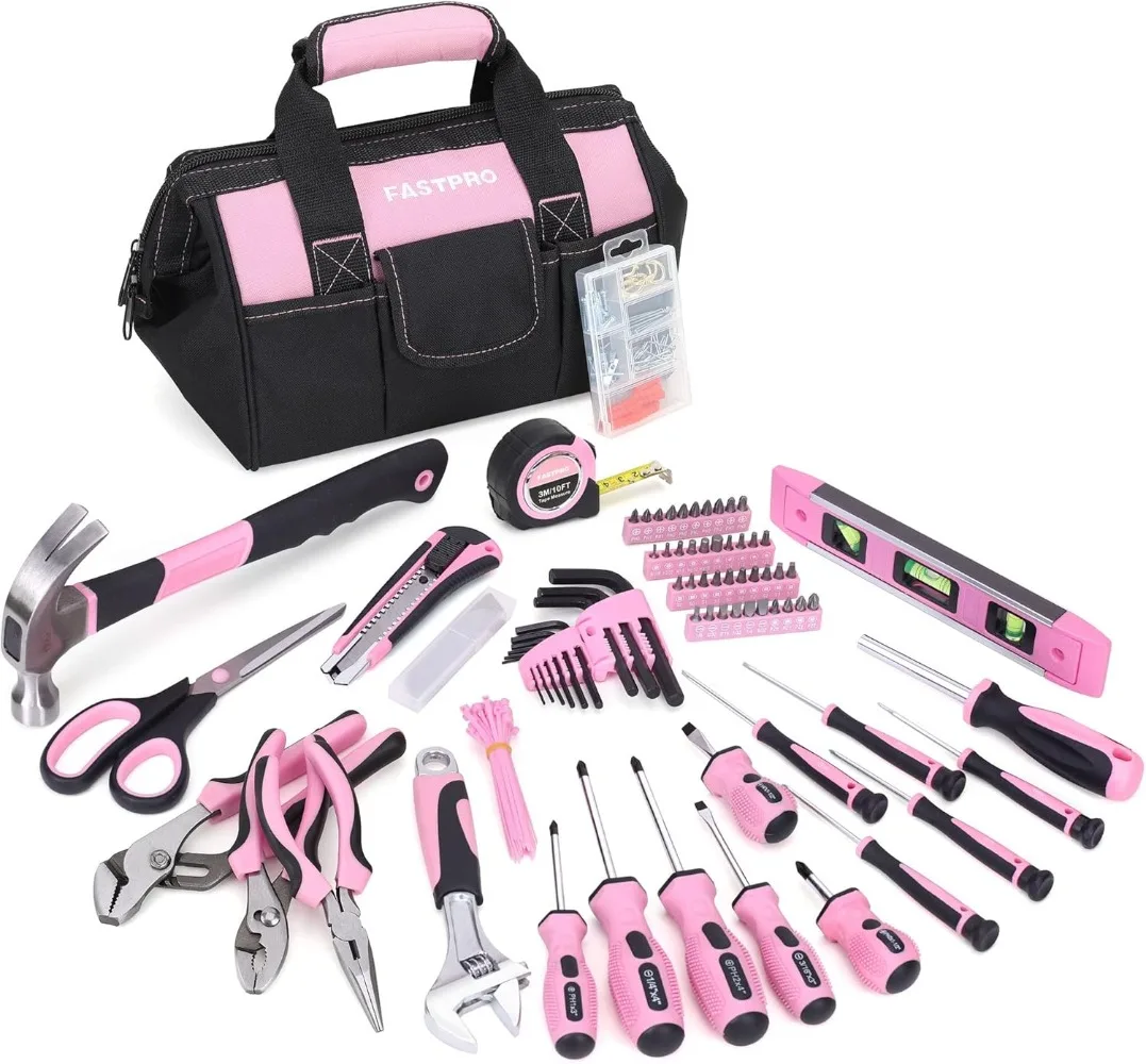 

FASTPRO Pink Tool Set, 220-Piece Lady's Home Repairing Tool Kit with 12-Inch Wide Mouth Open Storage Tool Bag