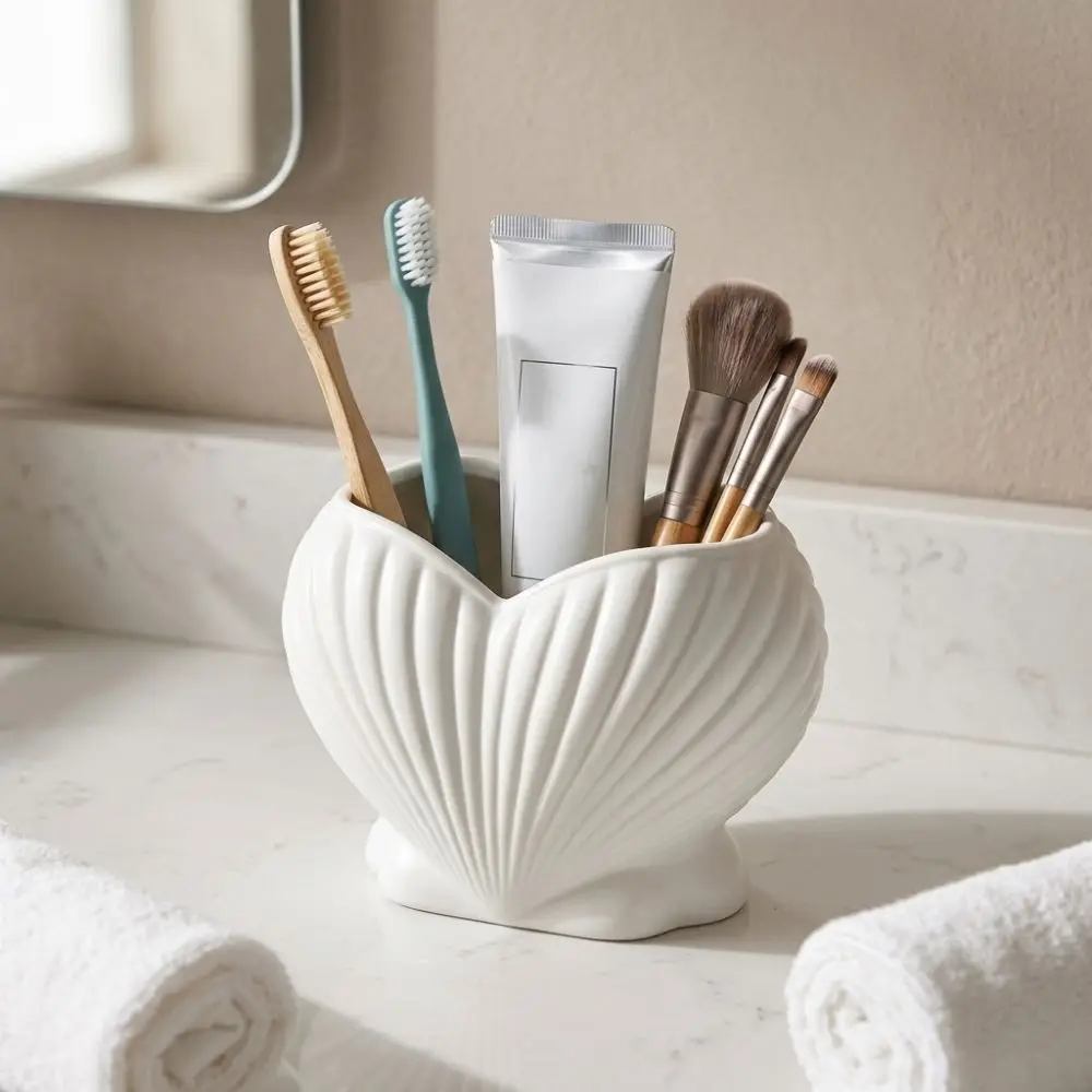 3D Printed Shell Shape Toothpaste Toothbrush Holder Aesthetic Coastal Style Heart Shell Desk Organizer Plastic Stable Base