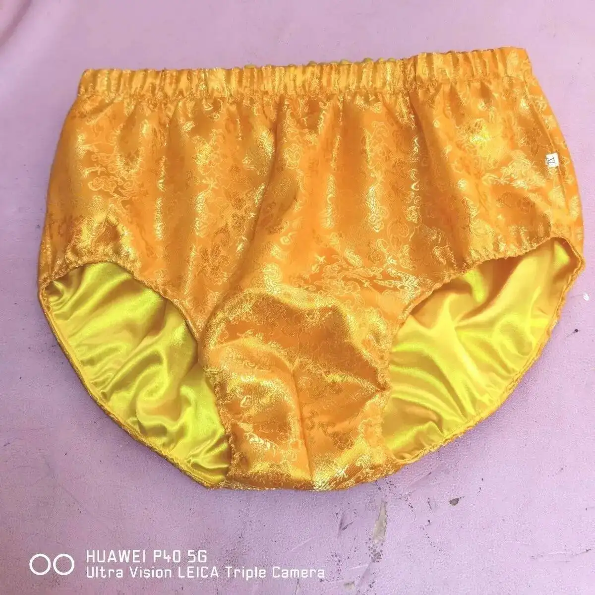 Gold Glossy Floral Ice Silk Satin Lingerie Panties Plus Size Underwear Sexy Men Briefs