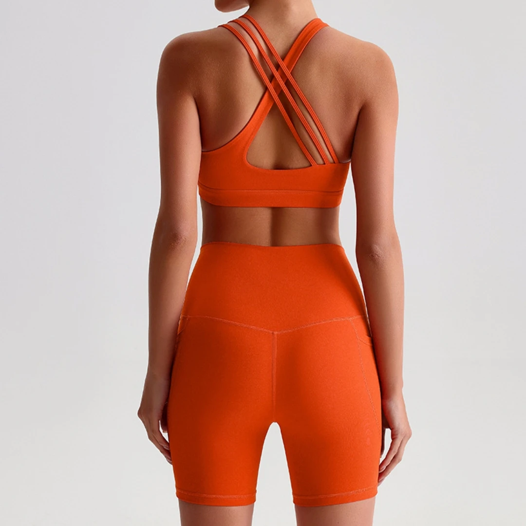 Dámská sportovní souprava na jógu s dlouhým rukávem, krátké legíny s kříženým ramenním popruhem, sportovní podprsenka, tepláková souprava, komplexní trénink, atletika - náhled 3