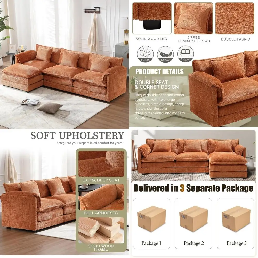 l-shape sectional sofa, 112" cloud couch with chenille upholstery, removable ottoman, and 3 pillows for living room comfort