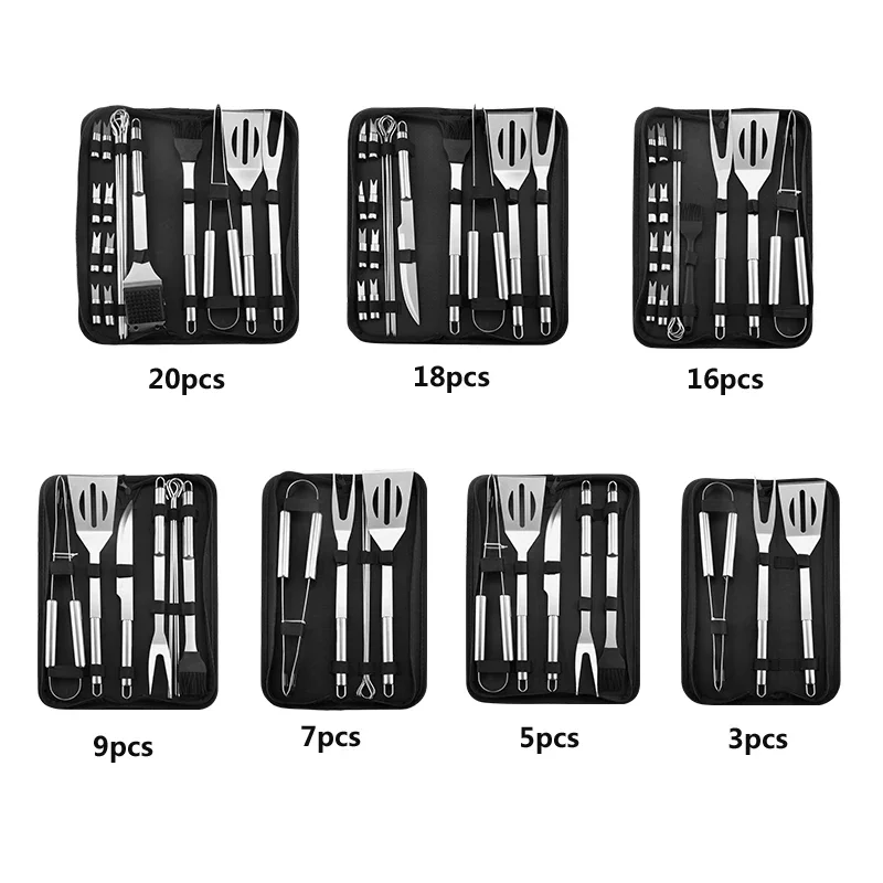 Stainless Steel BBQ Tools Set spatula fork tongs knife brush skewers Barbecue Grilling Utensil Camping Outdoor Cooking Tool Set