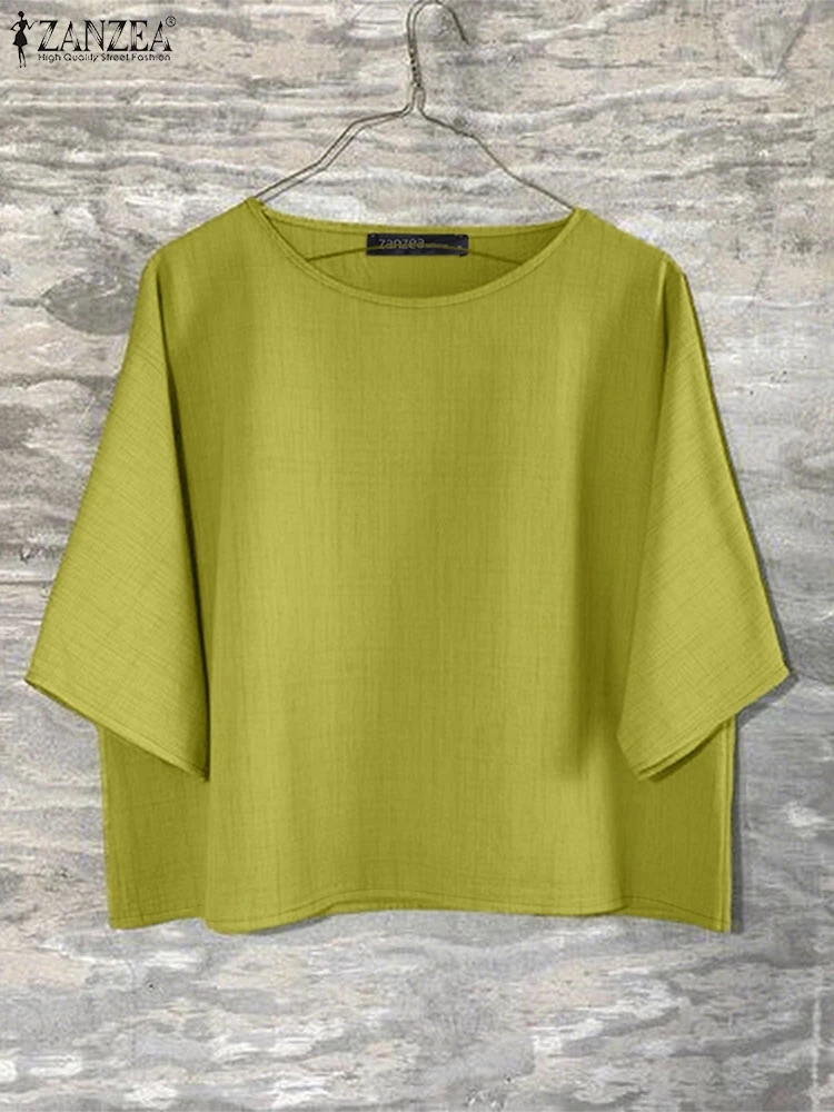 

ZANZEA 2025 Autumn Fashion Woman Blouses Everyday Casual Round Neck 3/4 Sleeve Solid Color Blusas Mujer Streetwear Loose Tops