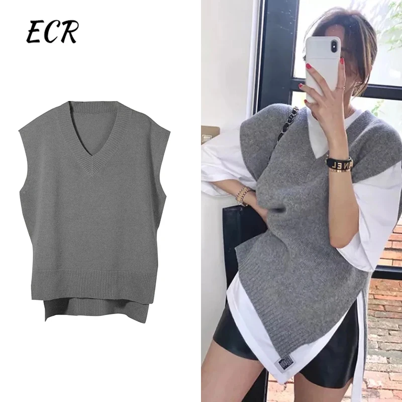 

ECR Casual Solid Slimming Knitting Sweater Vest For Women V Neck Sleeveless Minimalist Vests Female Clothing Fashion Style New