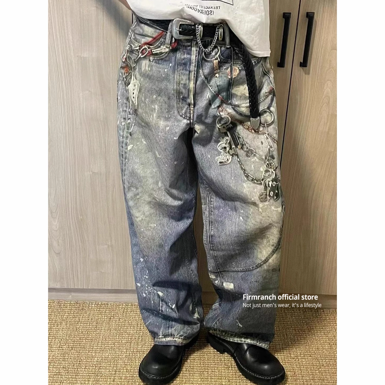 Firmranch NEW 2024 Jewelry Pendant Digital Print Baggy Jeans For Men Women Couple's Denim Pants High Street Style Wide Trousers