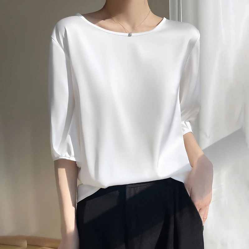 Summer New Short-Sleeved Acetate Satin Round Neck T-shirt Women\'s Middle Sleeve Five-Point Sleeve Loose Top Women