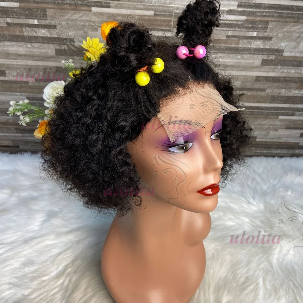 Premium 100% Echthaar Kinderperücken 8 Zoll 200% Dichte Niedliches Remy-Haar Krauses Lockiges 4x4 Lace Closure Perücken Naturfarbe 15A – Detail 4