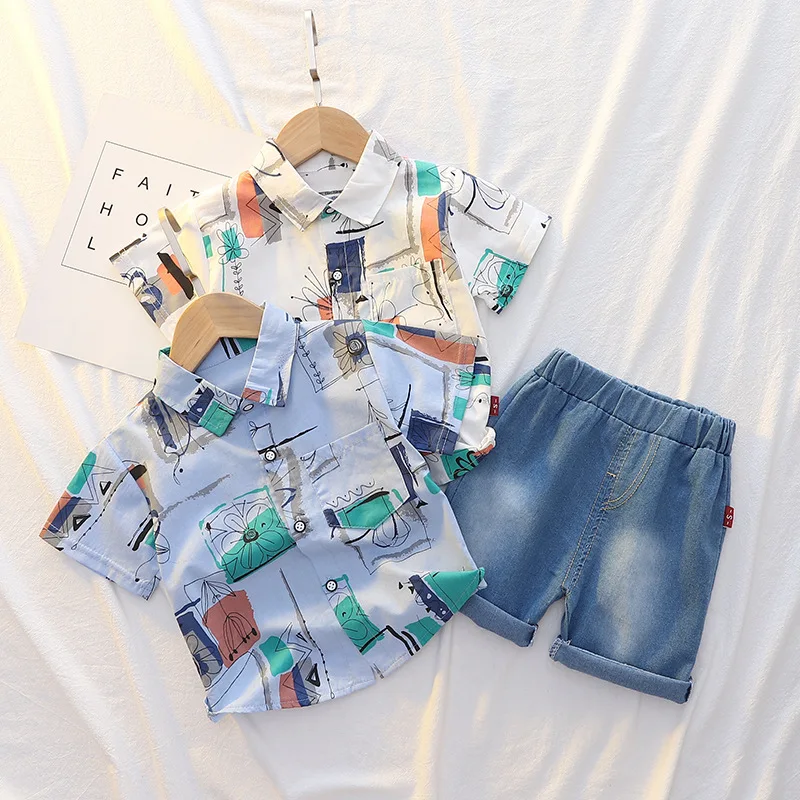 Children's Summer Clothing Toddler Collar Shirt Denim Shorts Two-piece Set 3146