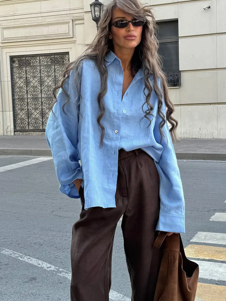 Spring Women's Linen Shirts Long Sleeve White Lapel Casual Solid Oversize Blouse Vintage Basic Top Cotton Linen Shirt for Women