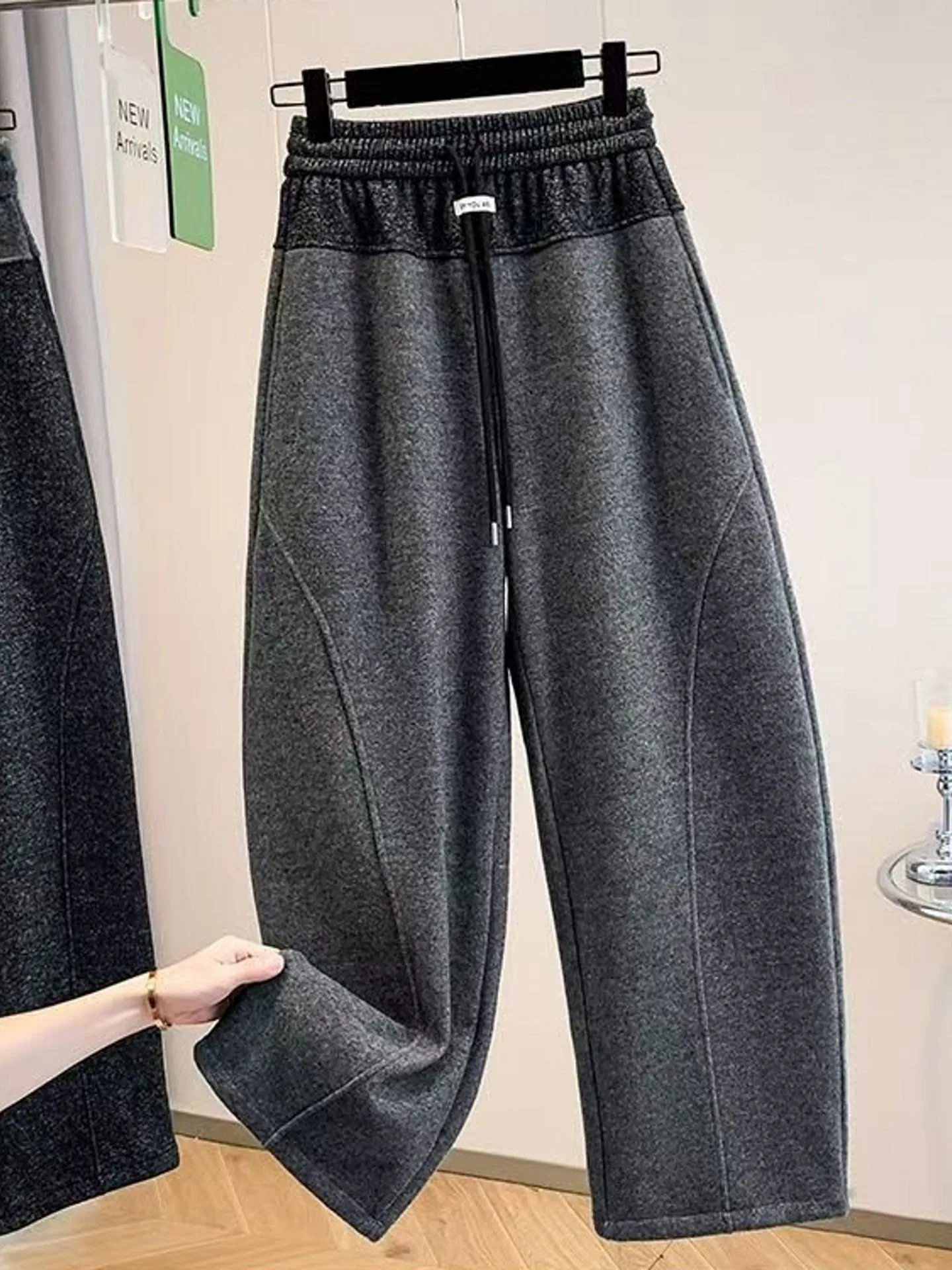 بنطلون نسائي واسع الساق بخصر مرتفع مبطن، سروال رياضي فضفاض غير رسمي للربيع والخريف والشتاء بتصميم مستقيم