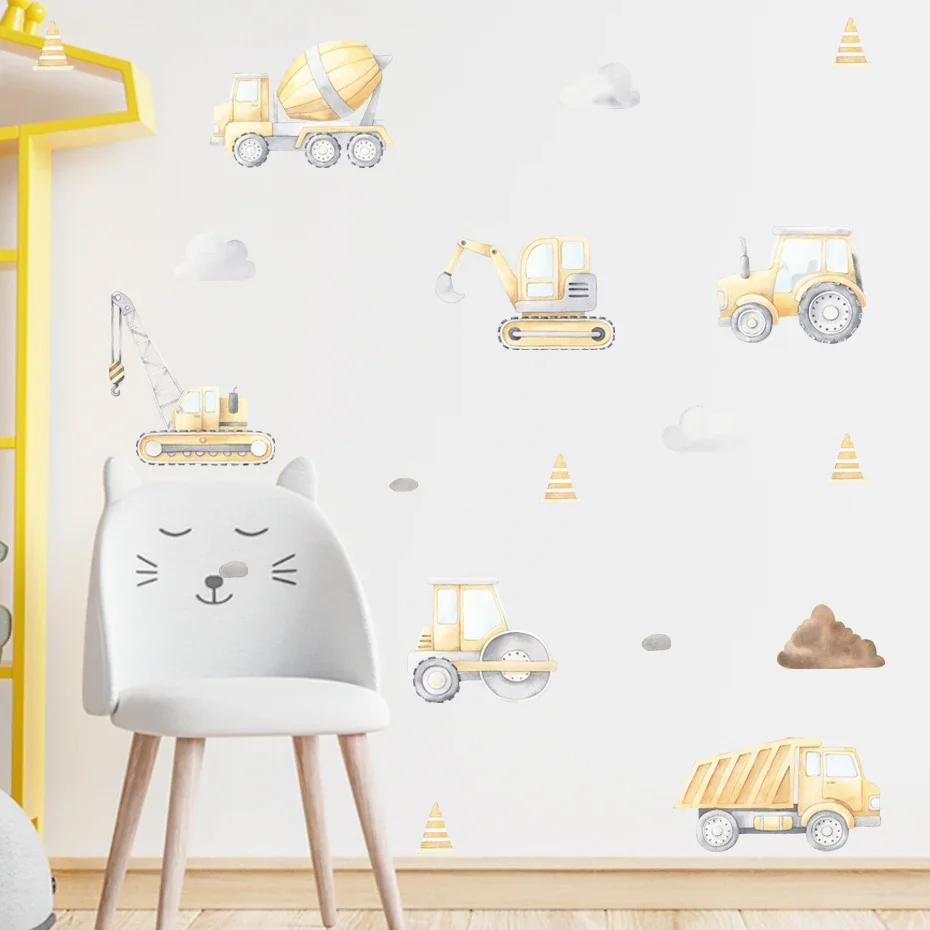 Cartoon Engineering Vehicle Yellow Blue Watercolor Nursery Wall Decals Removable DIY Wall Stickers Boys Room Interior Home Decor