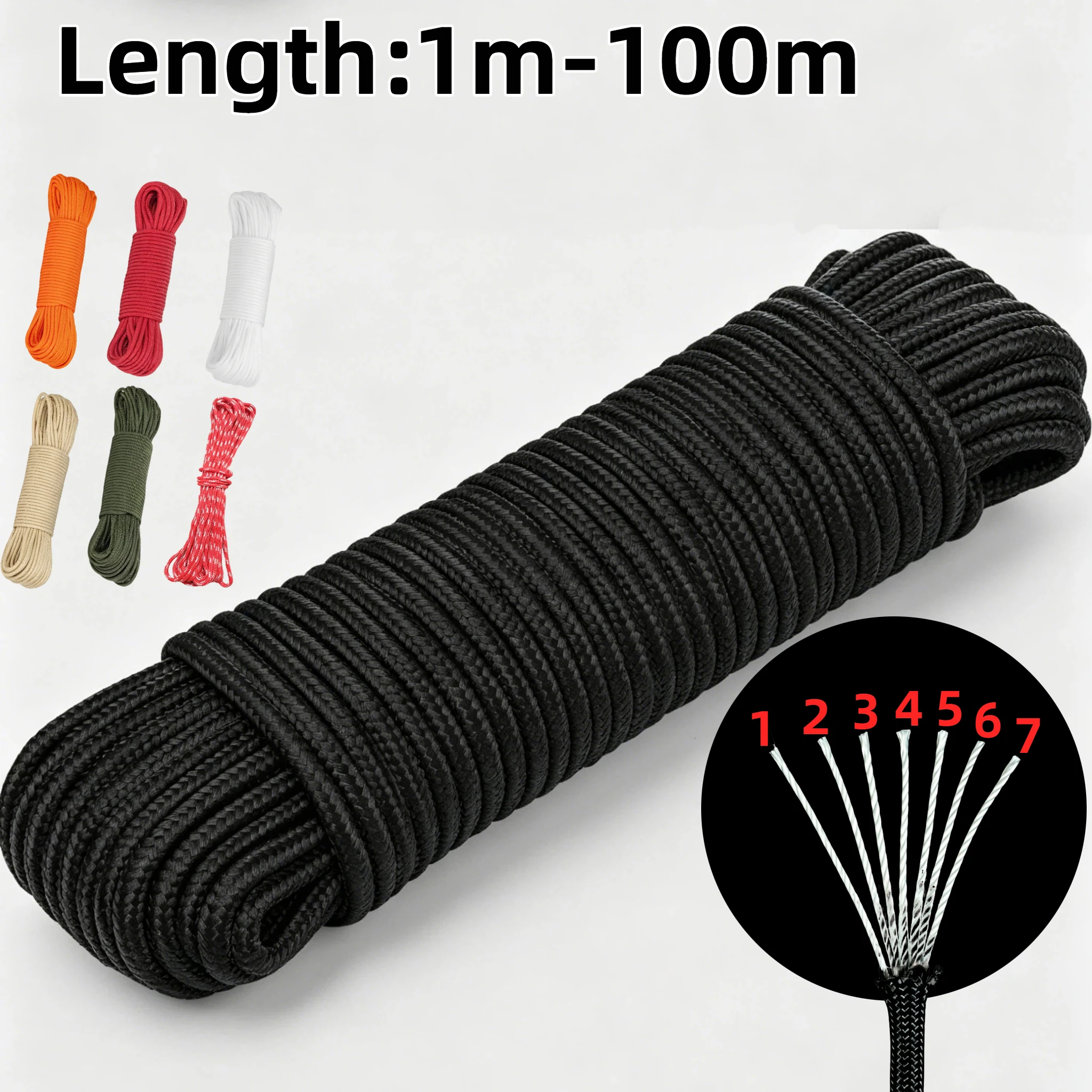 Cuerda de paracaídas de 1-100 m, 7 núcleos, 8 colores a elegir, kit de cuerda de supervivencia para camping al aire libre, correa para tienda de campaña, cuerda para tender ropa