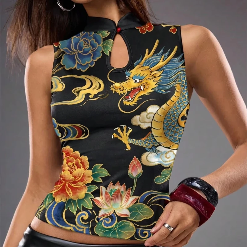 Women's Stand-up Collar Hollow Design Sleeveless Vest European American Spice Girls Casual Retro New Chinese Dragon Pattern Top