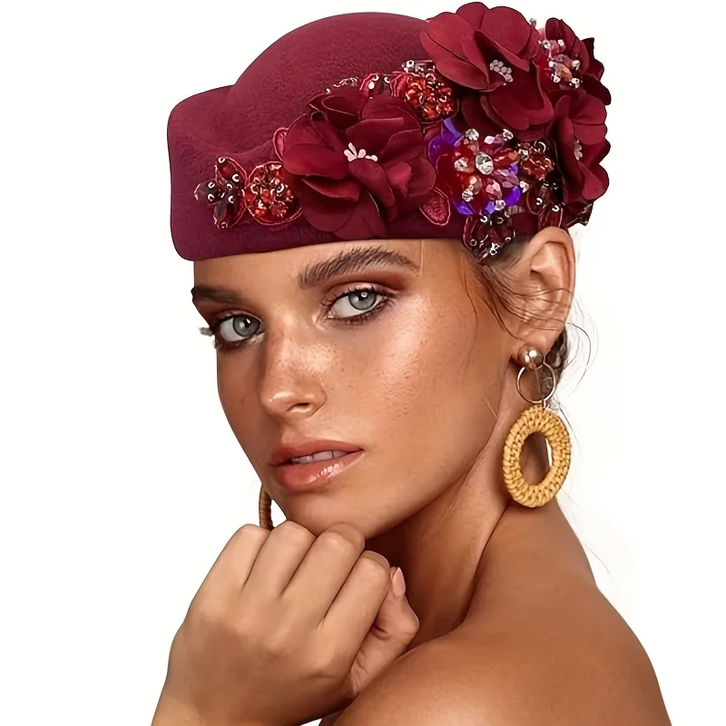 New Style, High-End, Elegant, Vintage Felt Turban Hat for Women, Church Derby Headwear with Floral Design, Soft Women's Beret, Available in Multiple Colors, Exquisite Workmanship, Unique Design, Suitable for Parties, B