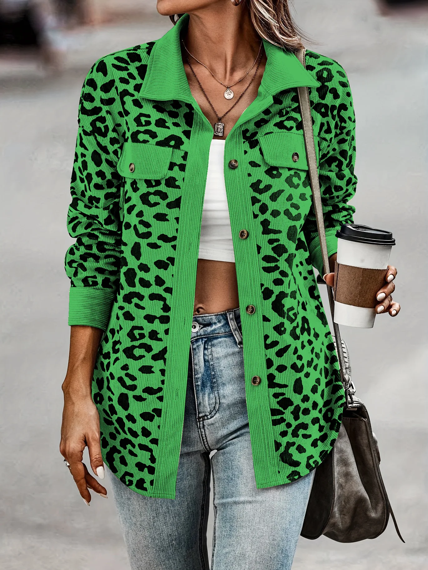 Autumn And Winter 2024 Fashion Leopard Print Button Long Sleeve Jacket Woman