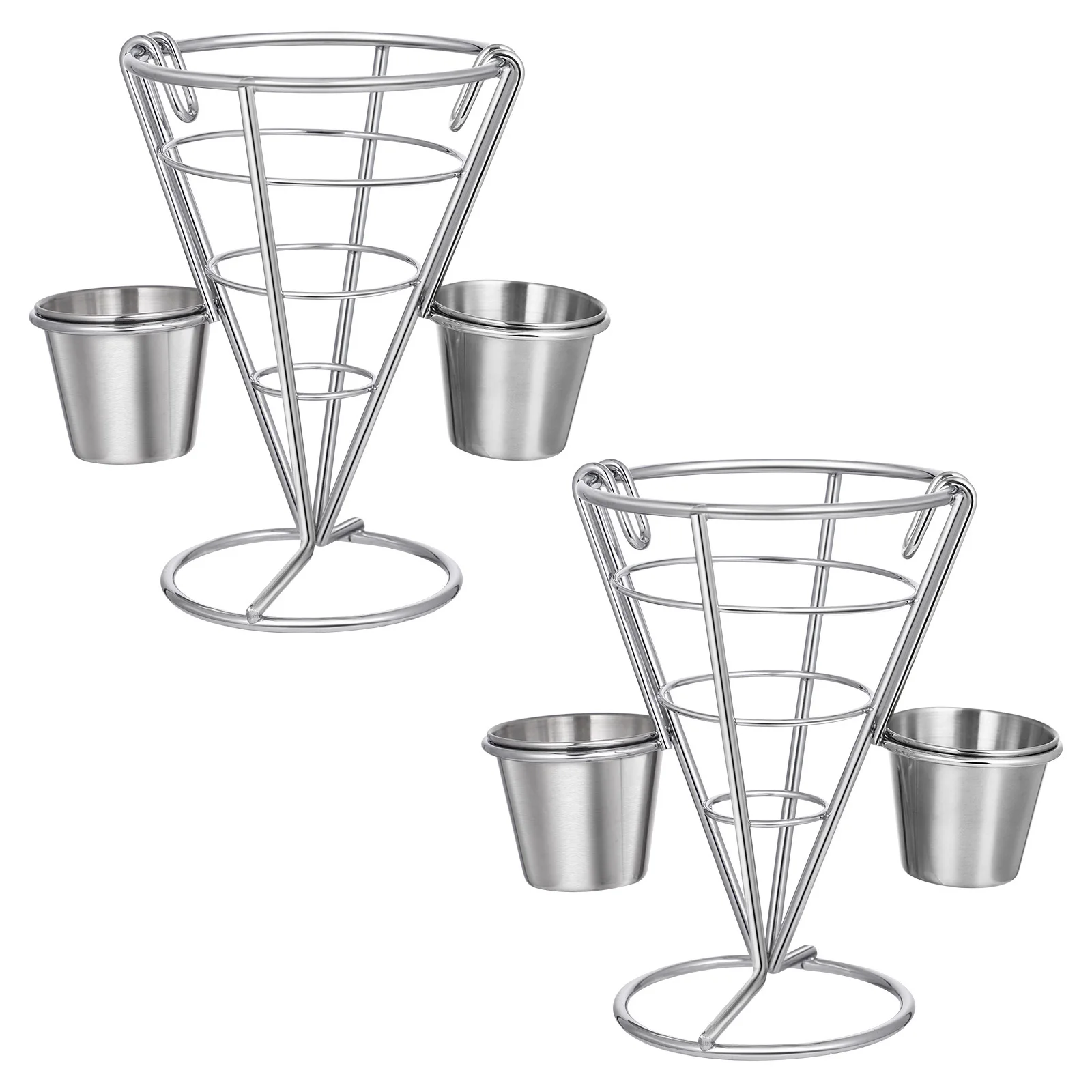 

2Pcs French Fries Stand Cone Baskets Iron Art Snack Holders Stable Base with 2 Dip Dishes for Restaurant Buffet Party Appetizer