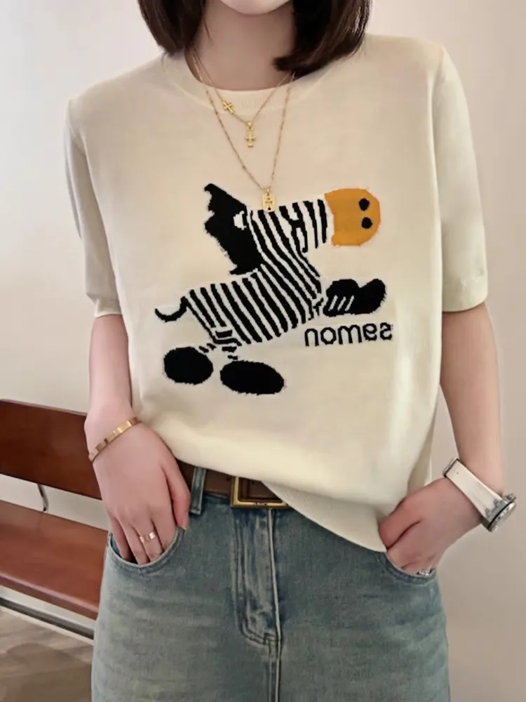 Zebra Jacquard Sweater Knit T-shirts Pullovers 2024 Summer Korean Fashion Loose Ladies Tops Knitwear Short Sleeve O-neck Jumpers