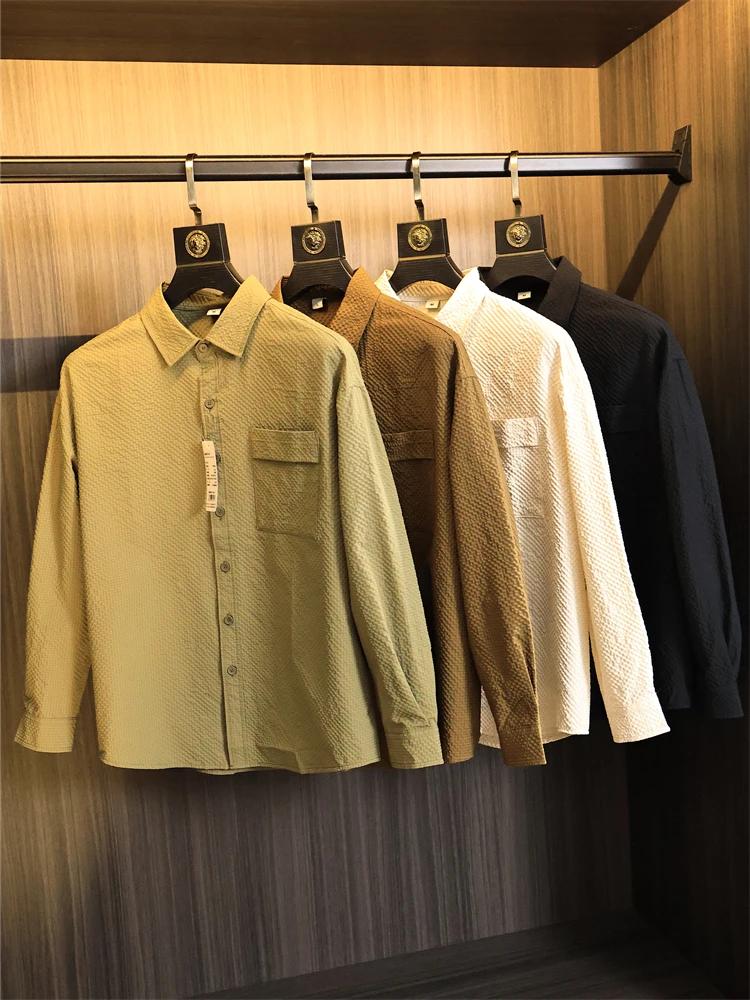 

Anti-Wrinkle Bubble-eet Fabric Men's Long Sve irt Pure Color Breathable Loose Fit Autumn ODM Cany Single Versatile ...