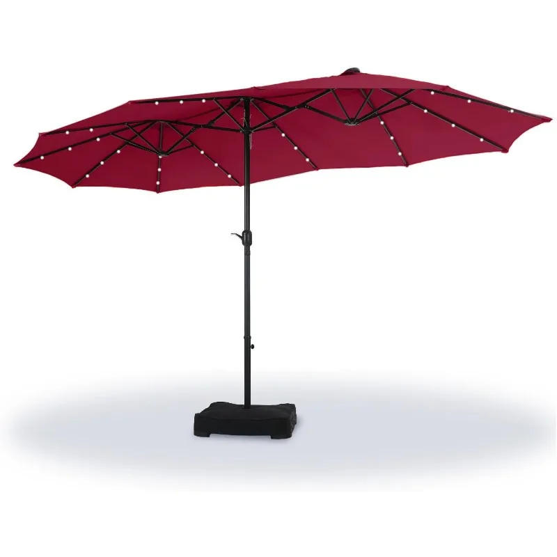 15 ft Extra Large Patio Umbrella with Solar Lights, Rectangular Outdoor Umbrella with Base Included, Market Umbrella