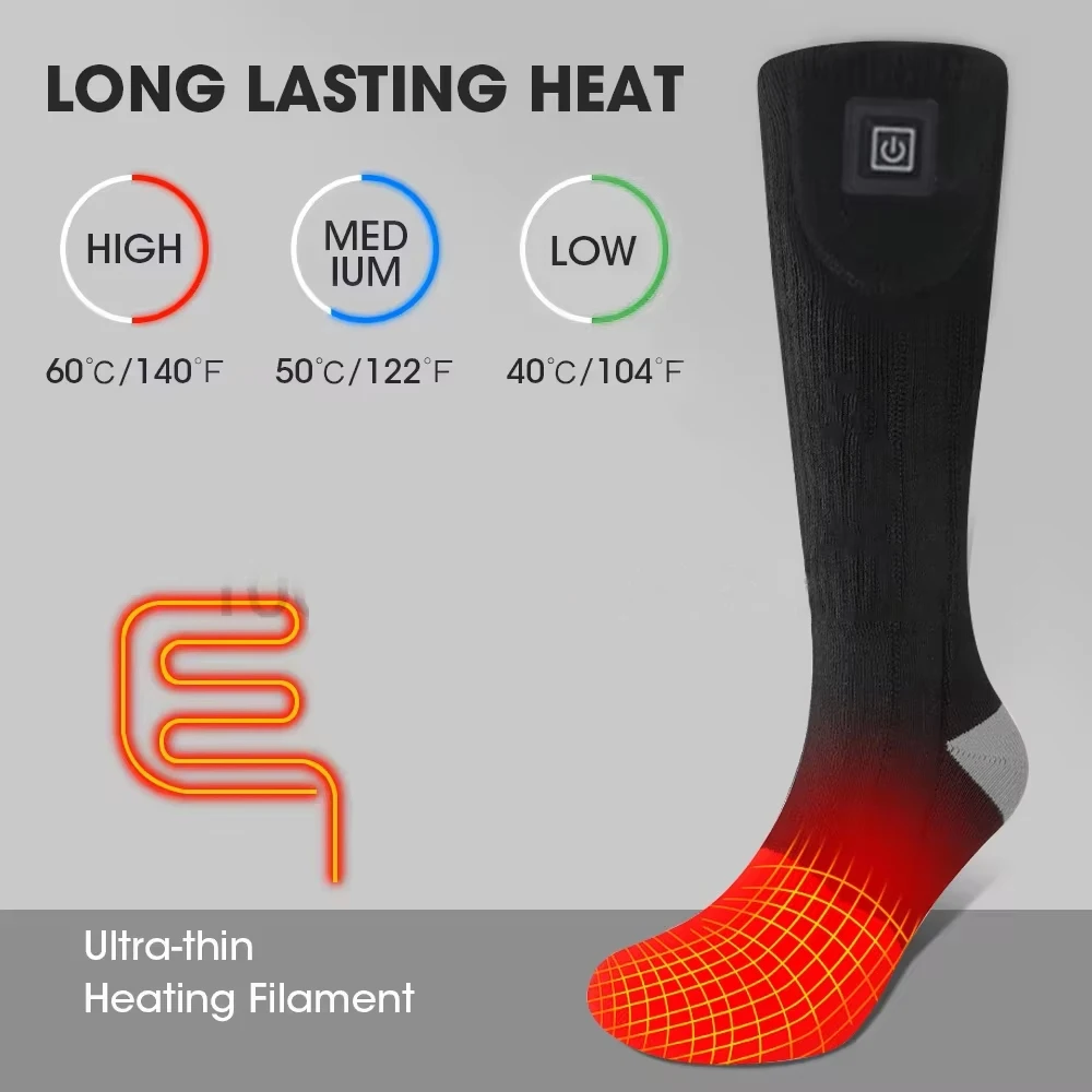 65 ℃   Calcetines calefactables eléctricos con estuche de batería, calcetines cálidos de invierno con botones controlables, calcetines calefactores para moto de nieve, caza, esquí, calcetín al aire libre