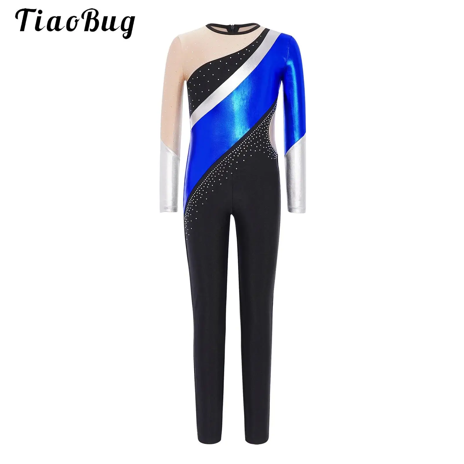 Kids Girl Gymnastics Leotards Jumpsuit Metallic Contrast Long Sleeve Ballet Dance Bodysuit Figure Skating Full Body Suit Costume