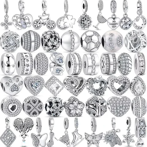 Nouveau Original 925 en argent Sterling flocon de neige fleurs coeur patte imprime trèfle perles brillantes ajustement bracelet à breloques bijoux cadeau