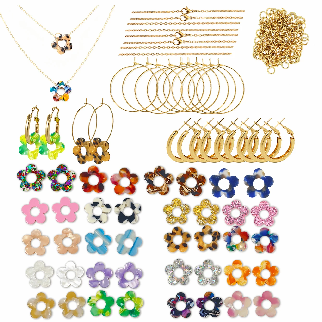 Cute Colorful Sequin Acrylic Flower DIY Earrings Necklaces Keychains Jewelry Making Kit With Extra Matching Accessories