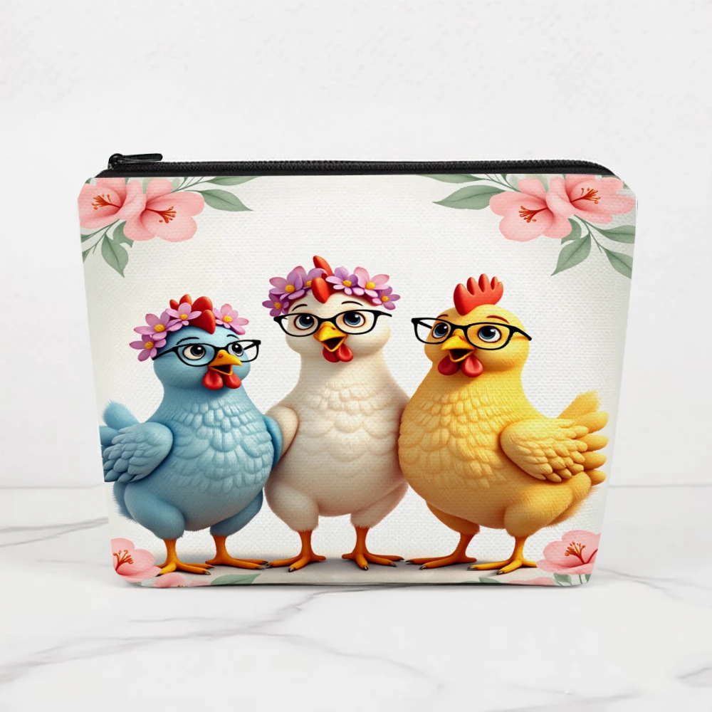 Colorful Chickens With Flowers And Glasses Makeup Bags for Girls Cosmetic Pouch Toiletry Bag Pencil Case Travel Storage