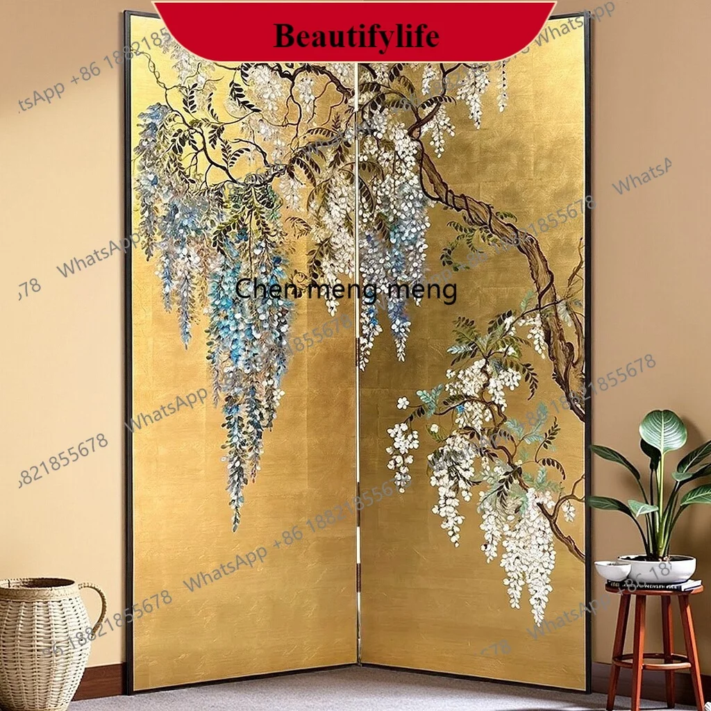 

G153 New Chinese style gold foil hand-painted wisteria flower folding screen living room tea room background wall hotel