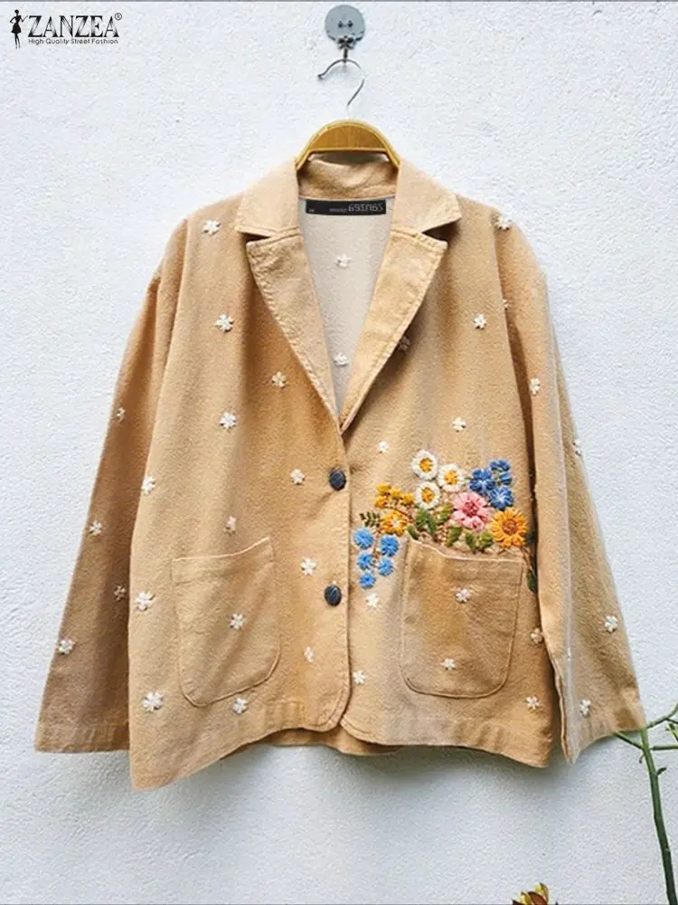 

Женский стильный пиджак с цветочным принтом, повседневный пиджак с зубчатыми лацканами и длинными рукавами, куртки ZANZEA, осень 2021, легкая верхняя одежда, S-3XL