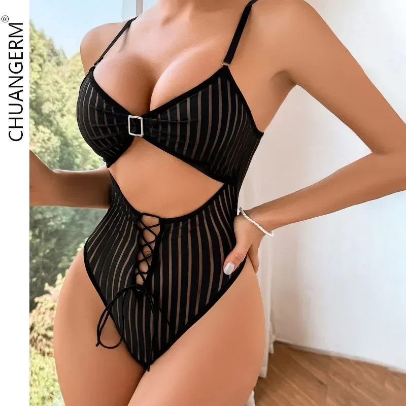 

CHUANGERM Sexy Lingerie Black Patterned Backless See-through Mesh Shapewear Sexy Jumpsuit Lace Bodysuit Sexy Underwear Corset