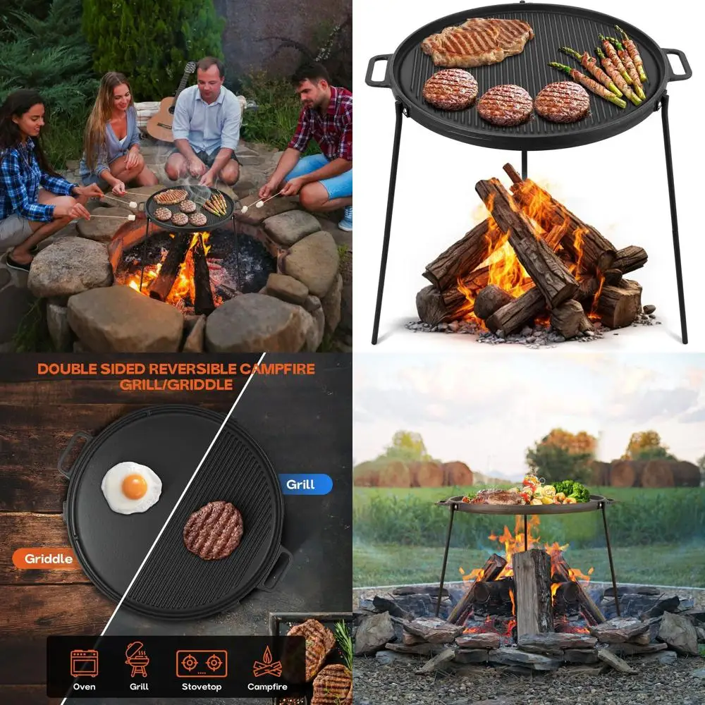 

Double-Sided Cast Iron Campfire Grill Griddle, Portable with Removable Legs, Ideal for Outdoor BBQ and Grilling Adventures