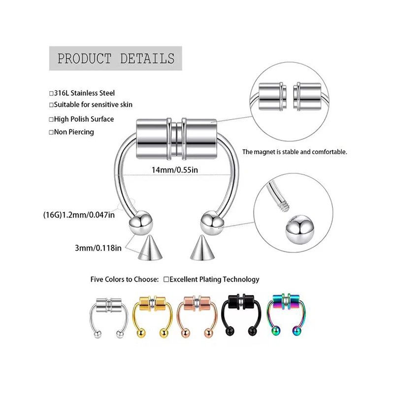 Anillo de nariz magnético sin perforación estilo punk hip hop para damas, clip de acero inoxidable, joyería falsa para septum, accesorio para fiesta de Halloween.