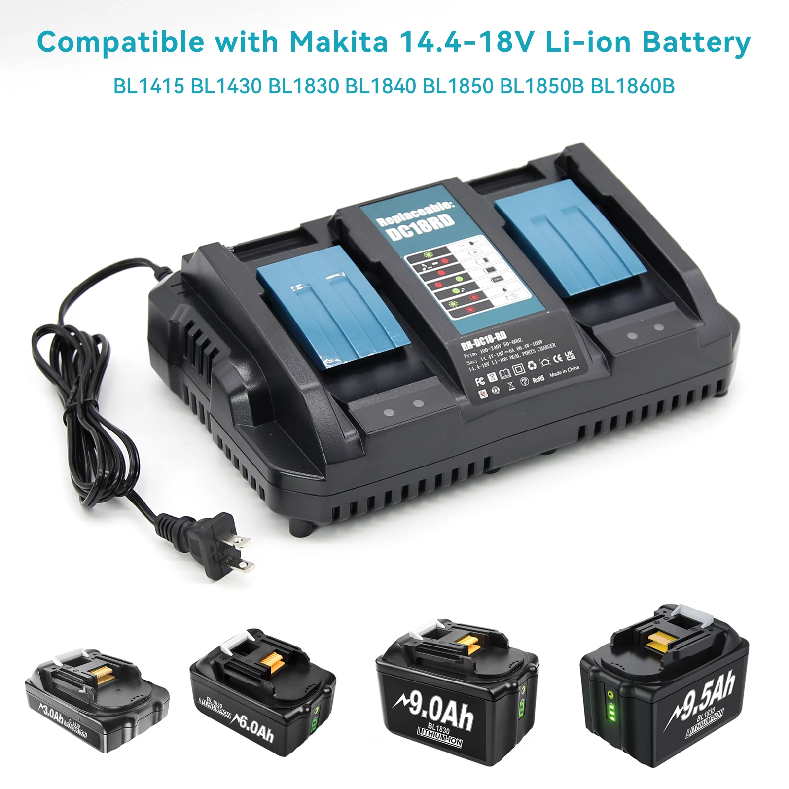 Ładowarka 6A do akumulatorów Makita BL1830, kompatybilna z BL1840 BL1850 BL1860, do akumulatorów Makita 18V, ładowarka do akumulatorów 14.4V-18V — zdjęcie produktu 3