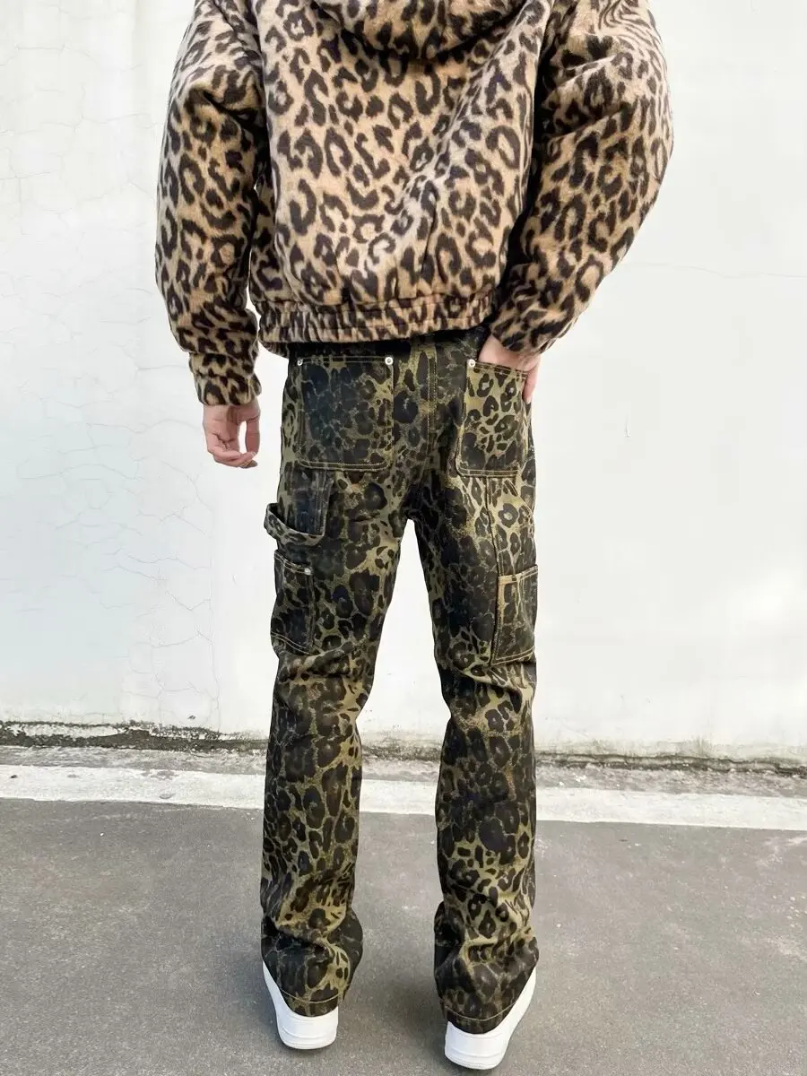 Baggy Leopard Print Y2k Jeans Man 2024 New Casual Wide Leg Denim Pants Fashion Streetwear Retro Straight Jeans korean fashion