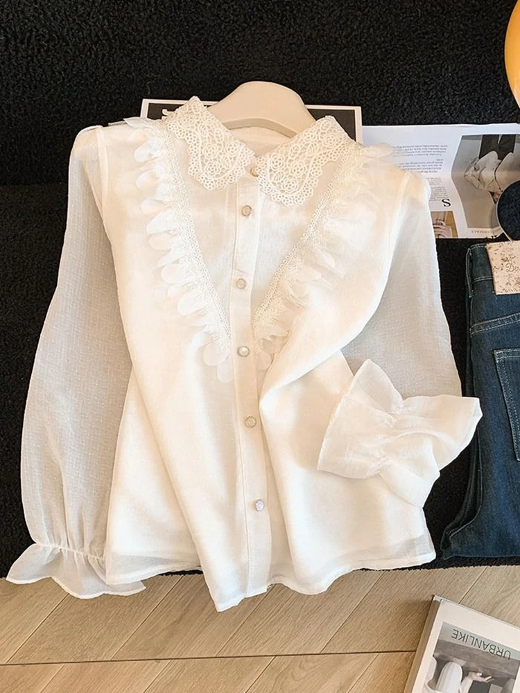 Ruffles Sweet Slim Shirt Women Fashion Lace Patchwork Elegant Fall Blouse Casual Chic Female Long Sleeve Ins All Match Ins Tops