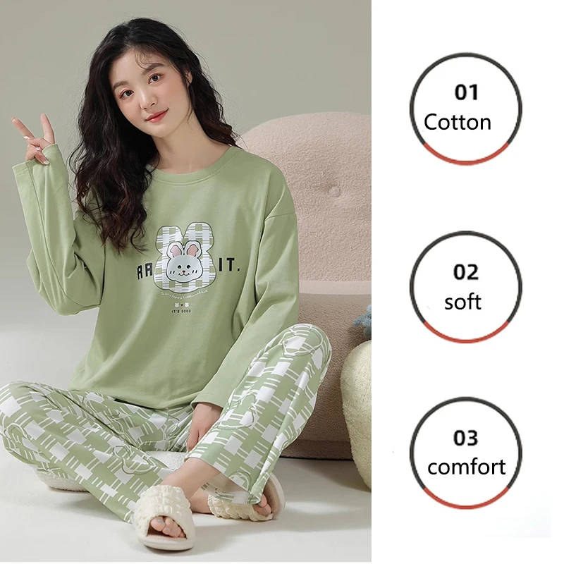 Cotton High Quality Large Size Ladies Autumn Winter Pajamas Women Pullover Long-Sleeved Cartoon School Homewear Green 2PCS/Set