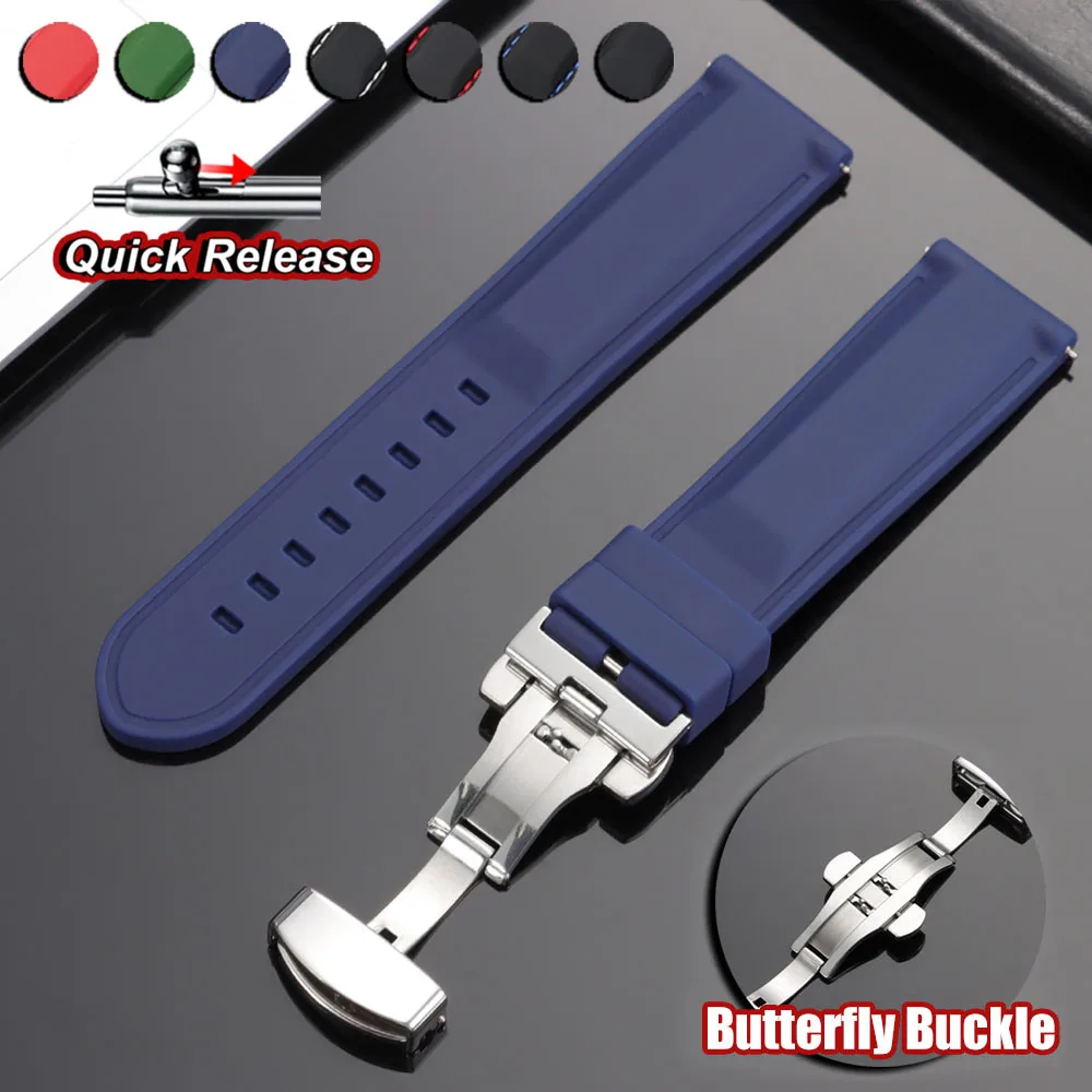Wasserdichtes Gummi-Uhrenarmband, Schnellverschluss, 18 mm, 20 mm, 22 mm, 24 mm, Silikon-Herren-Sportuhrenarmband mit Schmetterlingsschnalle