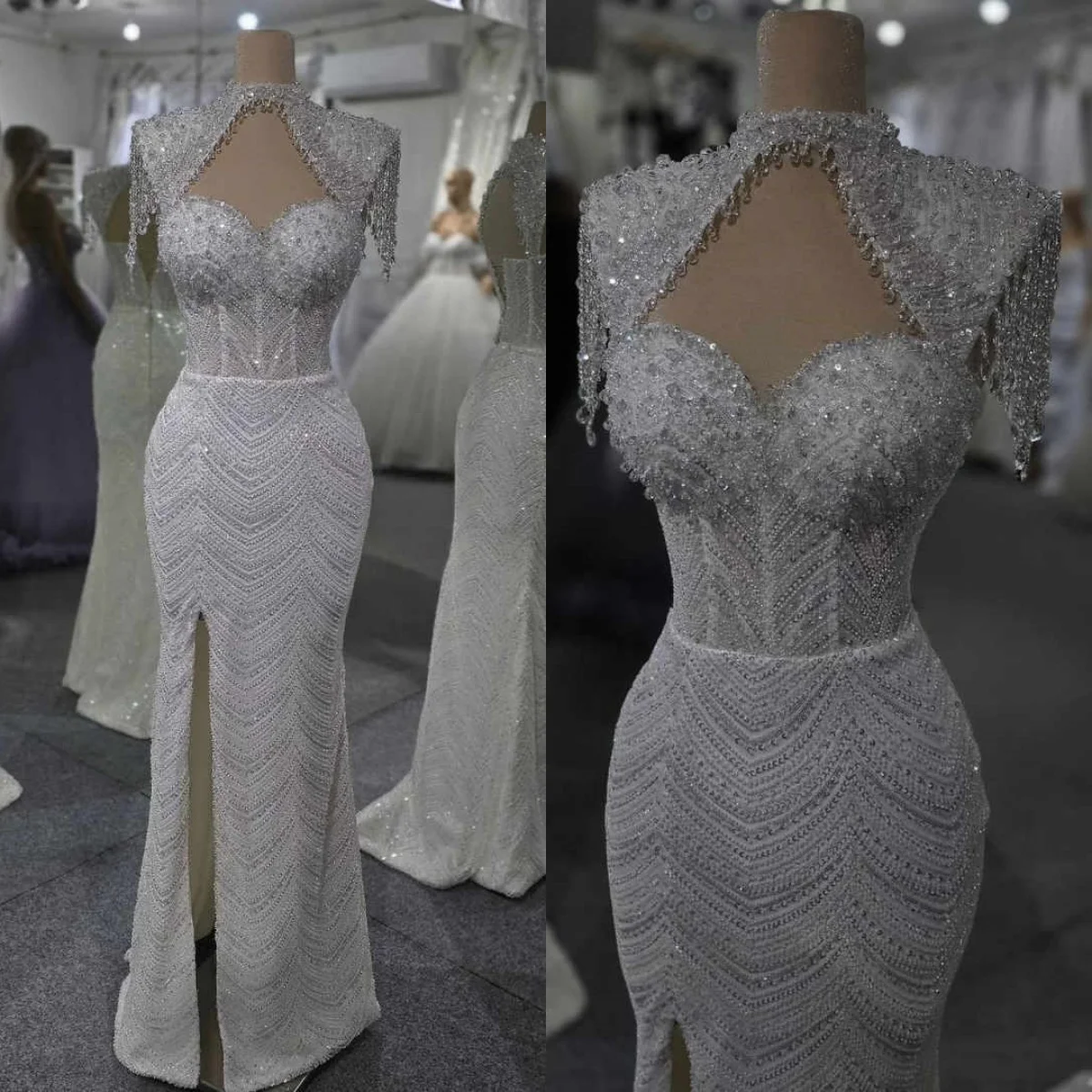 Luxury Beaded Mermaid Wedding Dresses O Neck Sleeveless Lace Up Bride Dress High Splits Floor Length Bridal Dress Customized