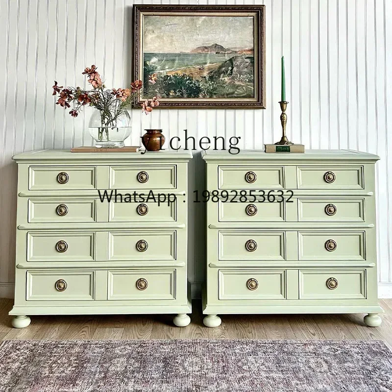 D1French Style Mint Green Solid Wood Drawer Bedside Storage Cabinet Home Bedroom Storage Cabinet