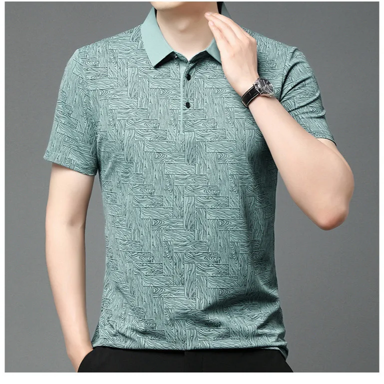 Cross-Border Ice Silk High-Elasticity Non-Iron Short-Sleeve T-Shirt Men, Middle-Aged Printed POLO Shirt With A Turn-Down Collar,