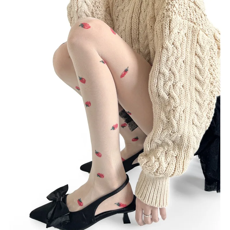 Korean Strawberry Jacquard Tights in Cream White Semi-Sheer Lolita Style Pantyhose with Black Base Slimming Aesthetic Legwear