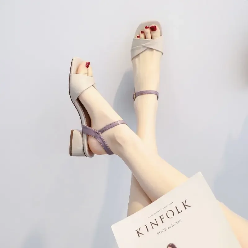 Fairy Style Square Head Color Contrast Open-toe Sandals Summer Thick Heel Fashion One-word Buckle Roman High Heel Women